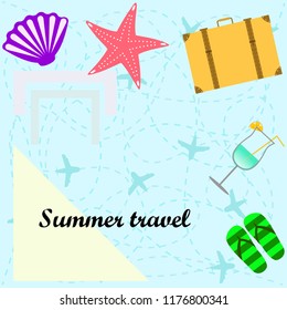 summer travel suitcase cocktail shell seashell star flip flops vector background