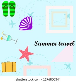 summer travel suitcase cocktail shell seashell star flip flops vector background