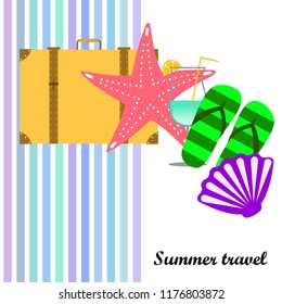 summer travel suitcase cocktail shell seashell star flip flops vector background