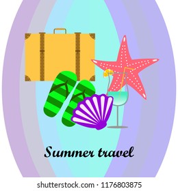 summer travel suitcase cocktail shell seashell star flip flops vector background