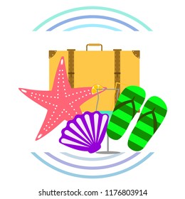 summer travel suitcase cocktail shell seashell star flip flops vector background