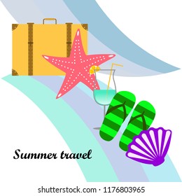 summer travel suitcase cocktail shell seashell star flip flops vector background