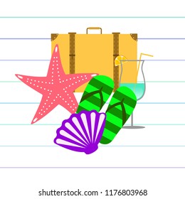 summer travel suitcase cocktail shell seashell star flip flops vector background