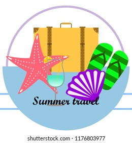 summer travel suitcase cocktail shell seashell star flip flops vector background