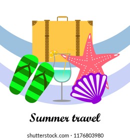 summer travel suitcase cocktail shell seashell star flip flops vector background