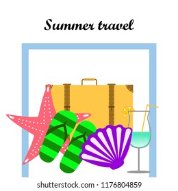 summer travel suitcase cocktail shell seashell star flip flops vector background
