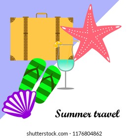 summer travel suitcase cocktail shell seashell star flip flops vector background