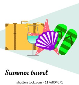 summer travel suitcase cocktail shell seashell star flip flops vector background