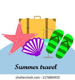 summer travel suitcase cocktail shell seashell star flip flops vector background