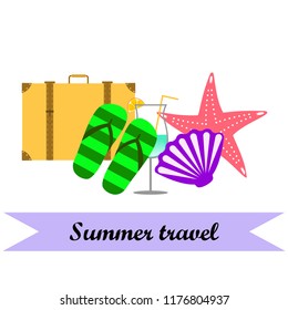 summer travel suitcase cocktail shell seashell star flip flops vector background