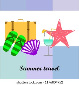 summer travel suitcase cocktail shell seashell star flip flops vector background