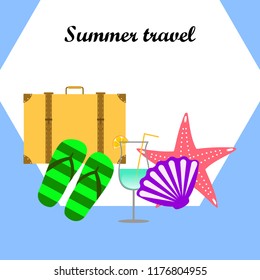 summer travel suitcase cocktail shell seashell star flip flops vector background