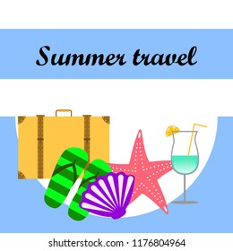 summer travel suitcase cocktail shell seashell star flip flops vector background