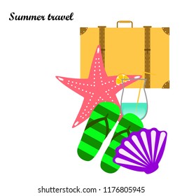 summer travel suitcase cocktail shell seashell star flip flops vector background