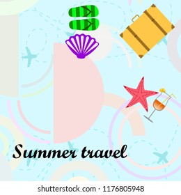 summer travel suitcase cocktail shell seashell star flip flops vector background