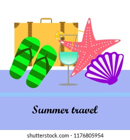 summer travel suitcase cocktail shell seashell star flip flops vector background