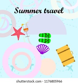summer travel suitcase cocktail shell seashell star flip flops vector background