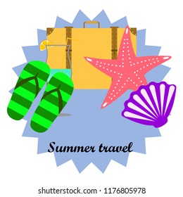 summer travel suitcase cocktail shell seashell star flip flops vector background