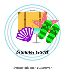summer travel suitcase cocktail shell seashell star flip flops vector background