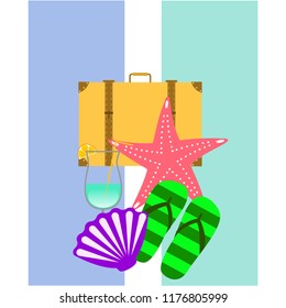 summer travel suitcase cocktail shell seashell star flip flops vector background