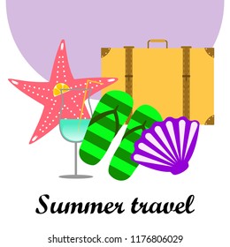 summer travel suitcase cocktail shell seashell star flip flops vector background