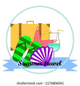 summer travel suitcase cocktail shell seashell star flip flops vector background