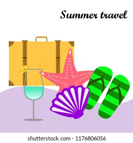 summer travel suitcase cocktail shell seashell star flip flops vector background