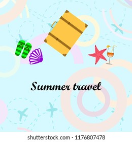 summer travel suitcase cocktail shell seashell star flip flops vector background