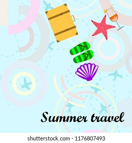 summer travel suitcase cocktail shell seashell star flip flops vector background