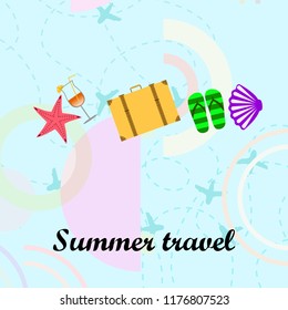 summer travel suitcase cocktail shell seashell star flip flops vector background