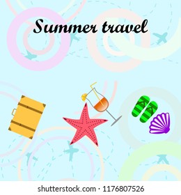 summer travel suitcase cocktail shell seashell star flip flops vector background