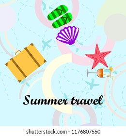 summer travel suitcase cocktail shell seashell star flip flops vector background