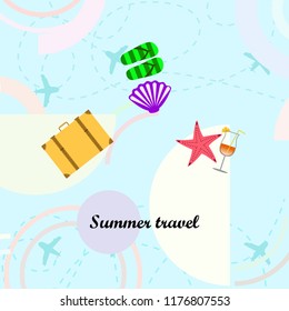 summer travel suitcase cocktail shell seashell star flip flops vector background