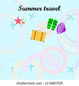 summer travel suitcase cocktail shell seashell star flip flops vector background