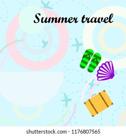 summer travel suitcase cocktail shell seashell star flip flops vector background