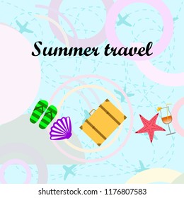 summer travel suitcase cocktail shell seashell star flip flops vector background