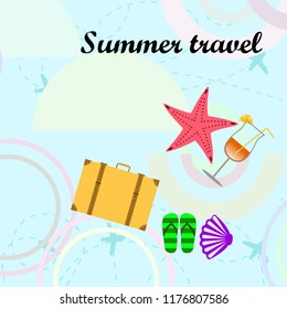 summer travel suitcase cocktail shell seashell star flip flops vector background
