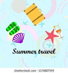 summer travel suitcase cocktail shell seashell star flip flops vector background