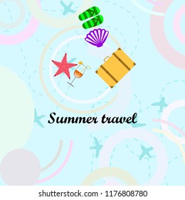 summer travel suitcase cocktail shell seashell star flip flops vector background
