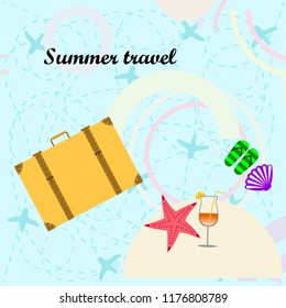 summer travel suitcase cocktail shell seashell star flip flops vector background