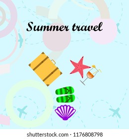 summer travel suitcase cocktail shell seashell star flip flops vector background