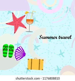 summer travel suitcase cocktail shell seashell star flip flops vector background