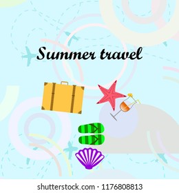 summer travel suitcase cocktail shell seashell star flip flops vector background