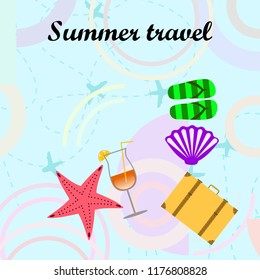 summer travel suitcase cocktail shell seashell star flip flops vector background