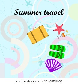 summer travel suitcase cocktail shell seashell star flip flops vector background