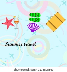 summer travel suitcase cocktail shell seashell star flip flops vector background
