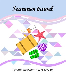 summer travel suitcase cocktail shell seashell star flip flops vector background