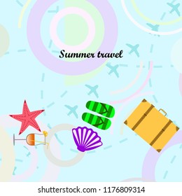 summer travel suitcase cocktail shell seashell star flip flops vector background