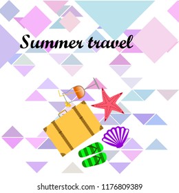 summer travel suitcase cocktail shell seashell star flip flops vector background