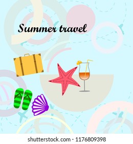 summer travel suitcase cocktail shell seashell star flip flops vector background